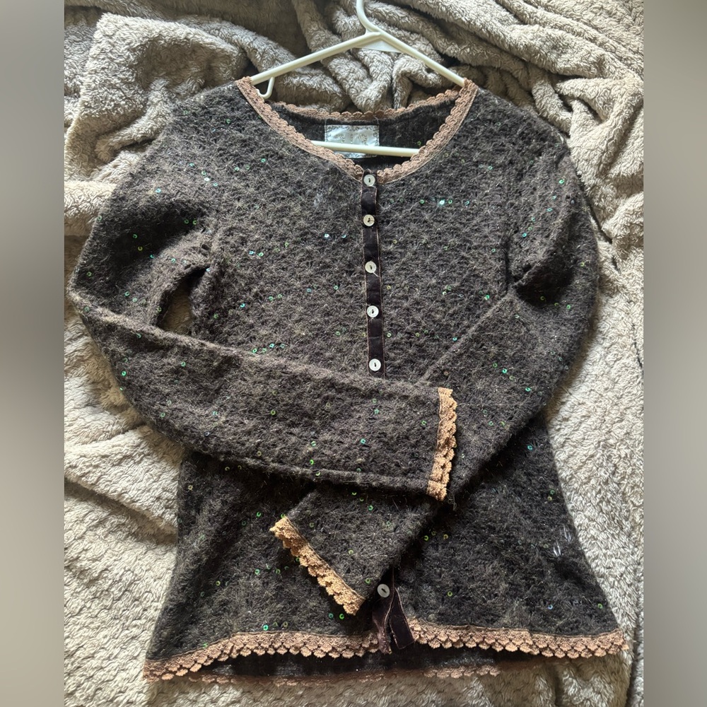 Brown Sequin Sweater with Lace Trim